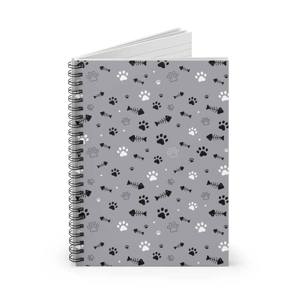 Cat Paw Pattern Spiral Notebook — Cute Grey Pet-Themed Ruled Journal