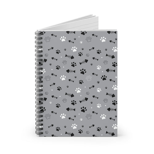 Cat Paw Pattern Spiral Notebook — Cute Grey Pet-Themed Ruled Journal