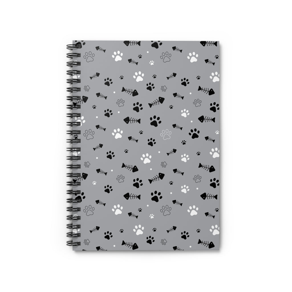 Cat Paw Pattern Spiral Notebook — Cute Grey Pet-Themed Ruled Journal