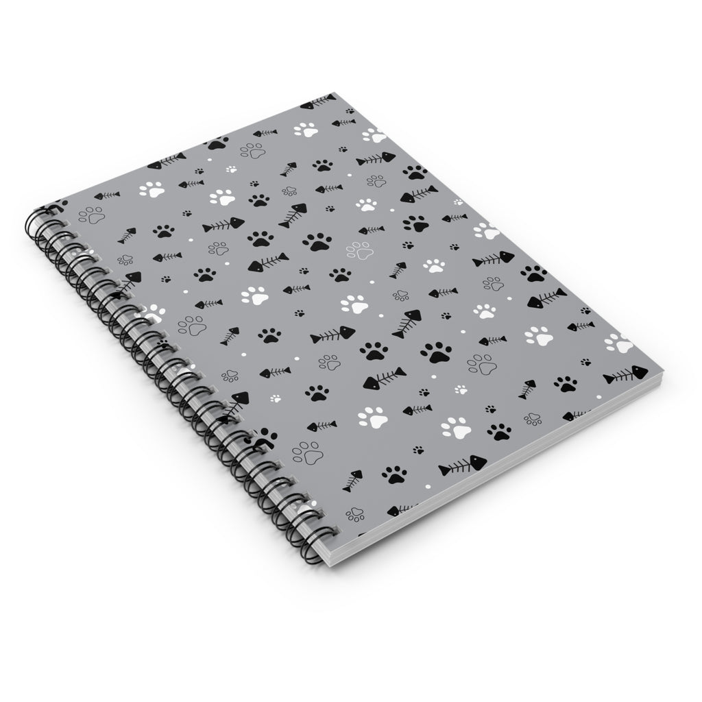 Cat Paw Pattern Spiral Notebook — Cute Grey Pet-Themed Ruled Journal