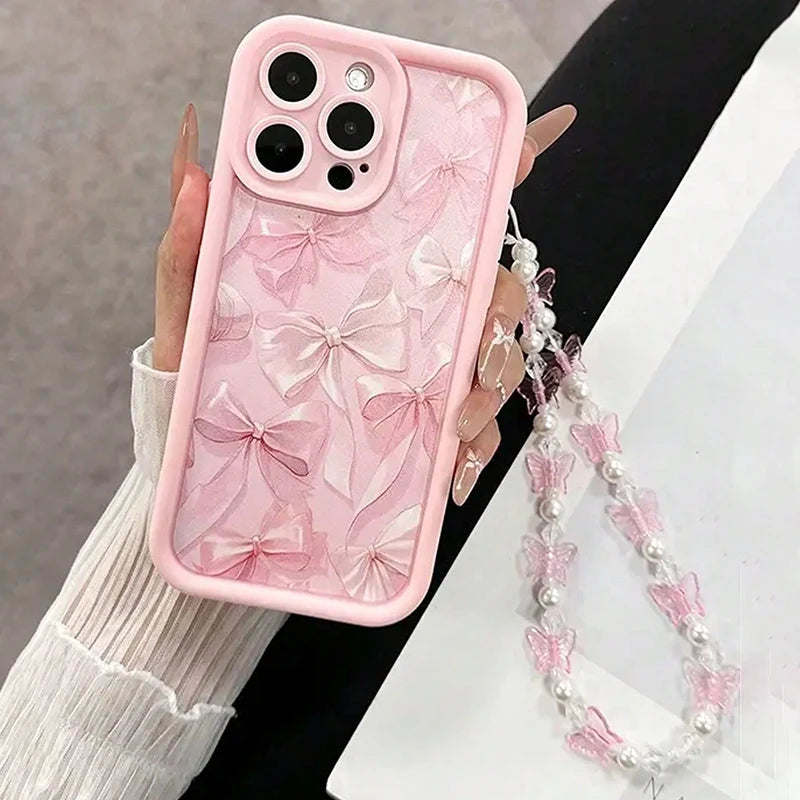 Pink Bow Pattern Silicone Phone Case For iPhone 16 17 18 Pro Max 15 14 13 12 11 Pro Max 16E X XS XR 7 Plus Butterfly Charm Cover