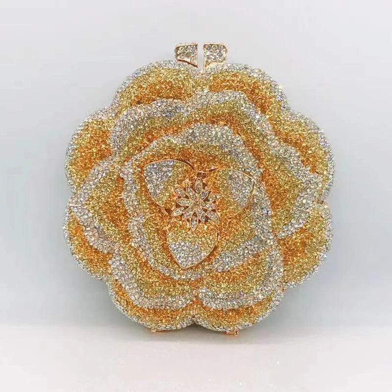 XIYUAN Rose Flower Pink Rhinestone Evening Clutches Women Floral Yellow Crystal Clutch Purse Luxury Bridal Wedding Party Handbag