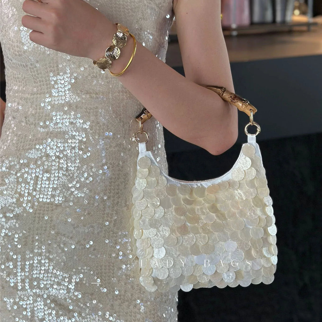 2026 New Shell Beading Handbag For Women French Fashion Elegant Luxurious Design Sequins Tassel Bamboo Handle Evening Bags