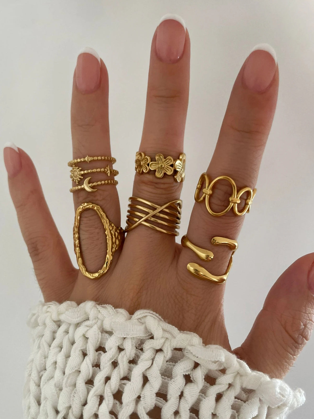 Peri'sbox 6pcs Simple Fashion Stainless Steel Gold Plated Anti-Tarnish Rings for Women Irregular Opening Adjustable Jewelry Gift