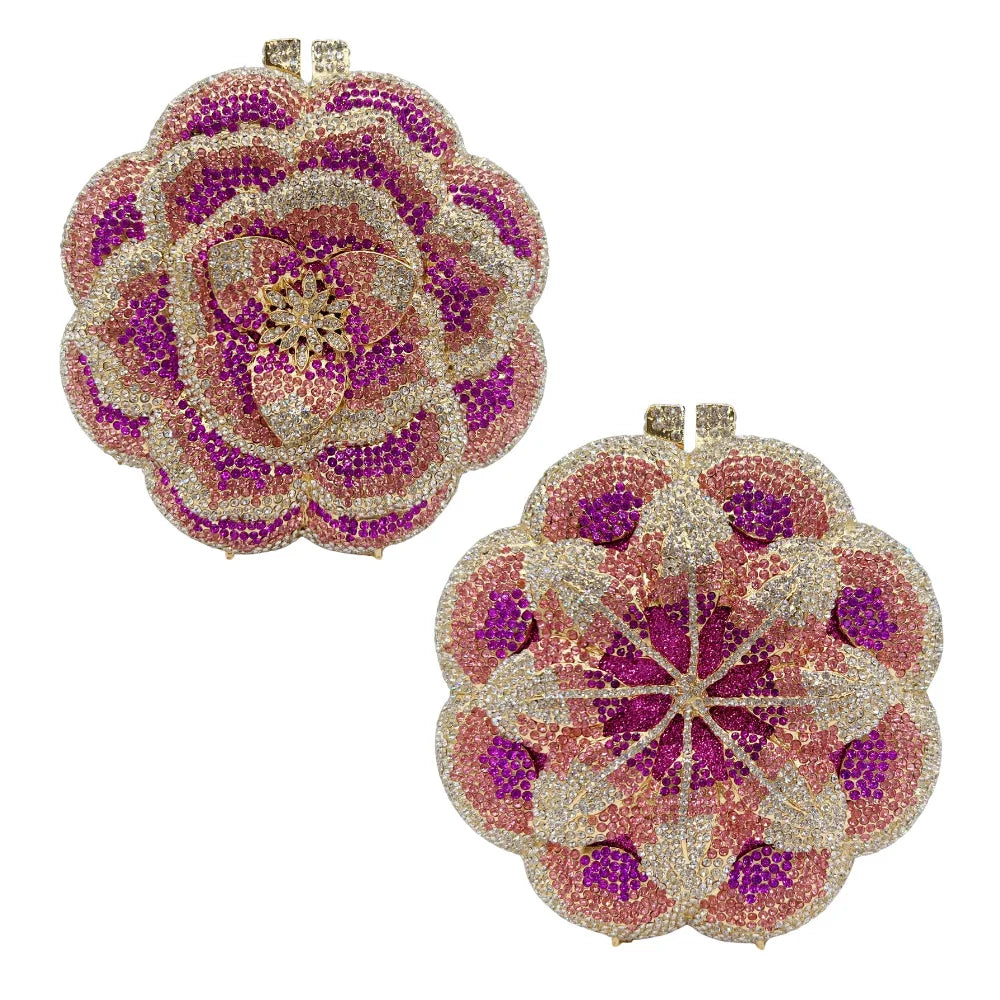 XIYUAN Rose Flower Pink Rhinestone Evening Clutches Women Floral Yellow Crystal Clutch Purse Luxury Bridal Wedding Party Handbag