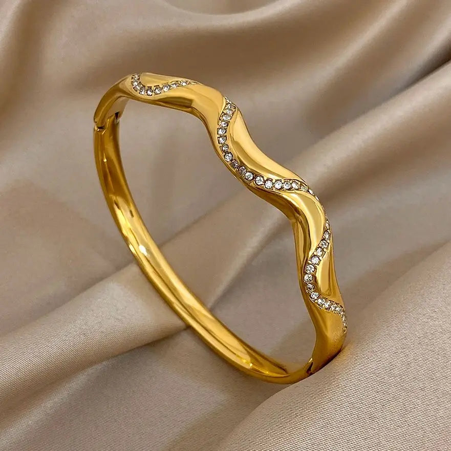 Glossy Wave Rhinestone Stainless Steel Chunky Bracelet for Women Exquisite Gold Color Cuff Bangle Bracelets Waterproof Jewelry