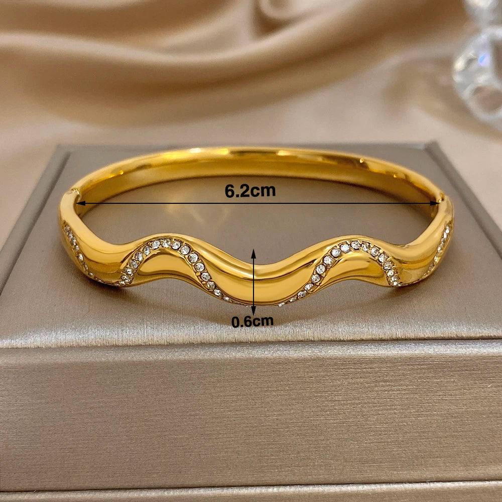 Glossy Wave Rhinestone Stainless Steel Chunky Bracelet for Women Exquisite Gold Color Cuff Bangle Bracelets Waterproof Jewelry