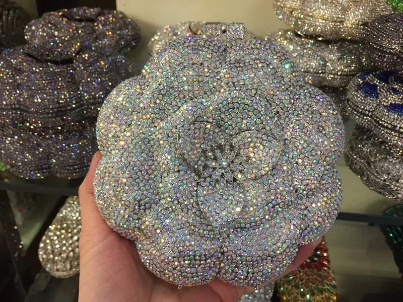 XIYUAN Rose Flower Pink Rhinestone Evening Clutches Women Floral Yellow Crystal Clutch Purse Luxury Bridal Wedding Party Handbag