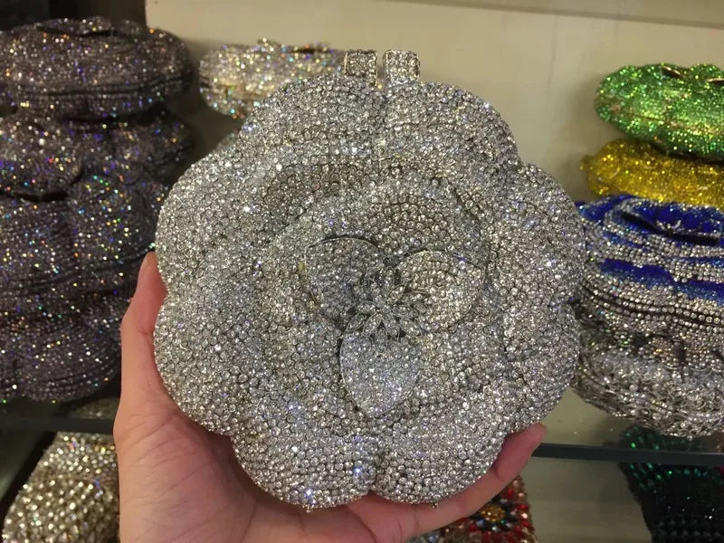 XIYUAN Rose Flower Pink Rhinestone Evening Clutches Women Floral Yellow Crystal Clutch Purse Luxury Bridal Wedding Party Handbag