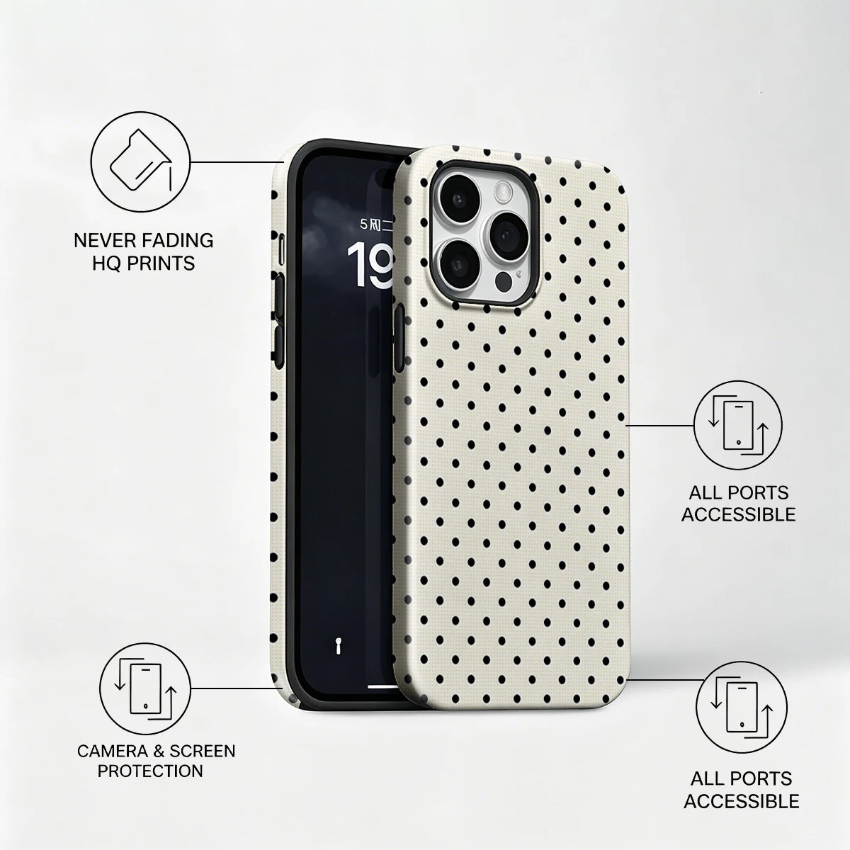 Korea Film Phone Case For iPhone 18 17 16 15 14 13 12 Pro Max Air 16e Max Classic Black Polka Dots Cream Hard PC Bumper Cover