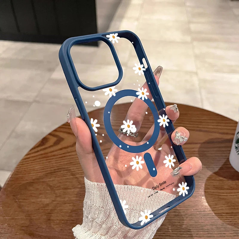 For iPhone 18 17 16 15 14 13 12 Pro Max Plus 16E Air 11 NEW Small Daisy Pattern Magnetic For Wireless Charging Phone Case Cover
