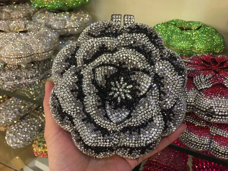 XIYUAN Rose Flower Pink Rhinestone Evening Clutches Women Floral Yellow Crystal Clutch Purse Luxury Bridal Wedding Party Handbag