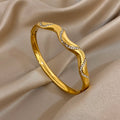 Glossy Wave Rhinestone Stainless Steel Chunky Bracelet for Women Exquisite Gold Color Cuff Bangle Bracelets Waterproof Jewelry
