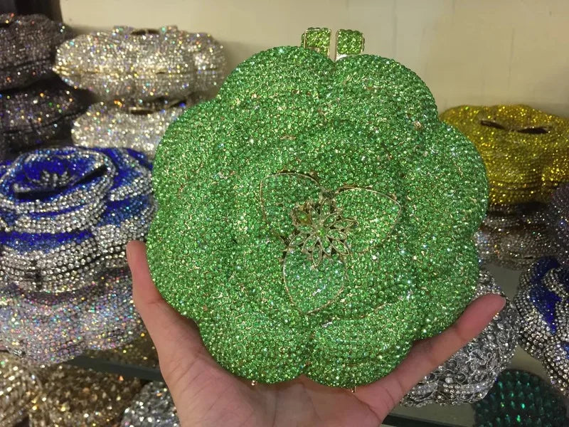 XIYUAN Rose Flower Pink Rhinestone Evening Clutches Women Floral Yellow Crystal Clutch Purse Luxury Bridal Wedding Party Handbag