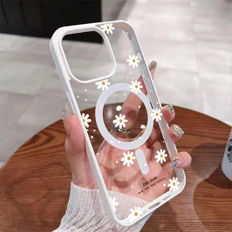 For iPhone 18 17 16 15 14 13 12 Pro Max Plus 16E Air 11 NEW Small Daisy Pattern Magnetic For Wireless Charging Phone Case Cover