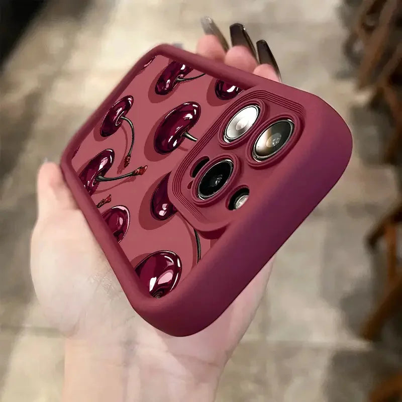 Luxury Wine Red Cherry Print Case for iPhone 18 Pro Max 17 16 15 14 13 12 11 7 8 Plus Air 16e X XR XS Shockproof Silicone Cover