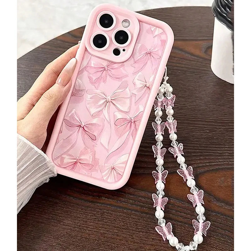 Pink Bow Pattern Silicone Phone Case For iPhone 16 17 18 Pro Max 15 14 13 12 11 Pro Max 16E X XS XR 7 Plus Butterfly Charm Cover