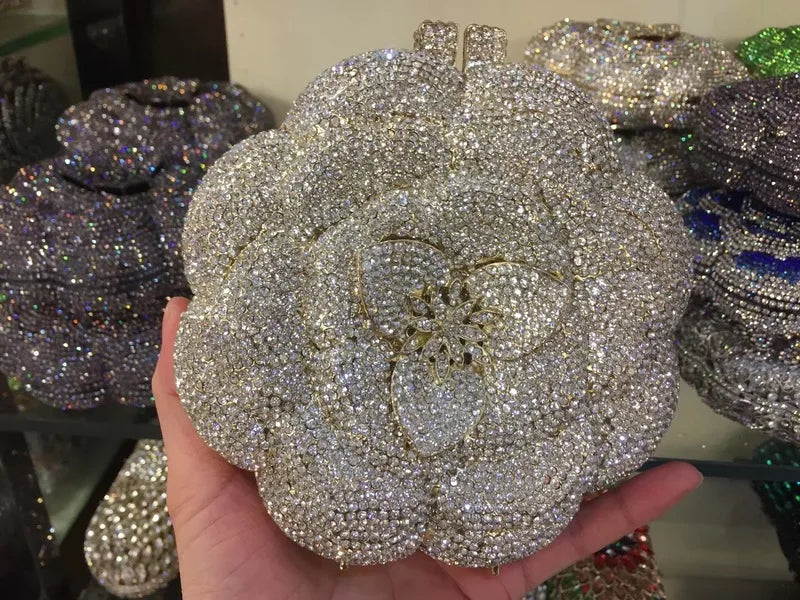 XIYUAN Rose Flower Pink Rhinestone Evening Clutches Women Floral Yellow Crystal Clutch Purse Luxury Bridal Wedding Party Handbag