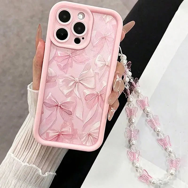 Pink Bow Pattern Silicone Phone Case For iPhone 16 17 18 Pro Max 15 14 13 12 11 Pro Max 16E X XS XR 7 Plus Butterfly Charm Cover
