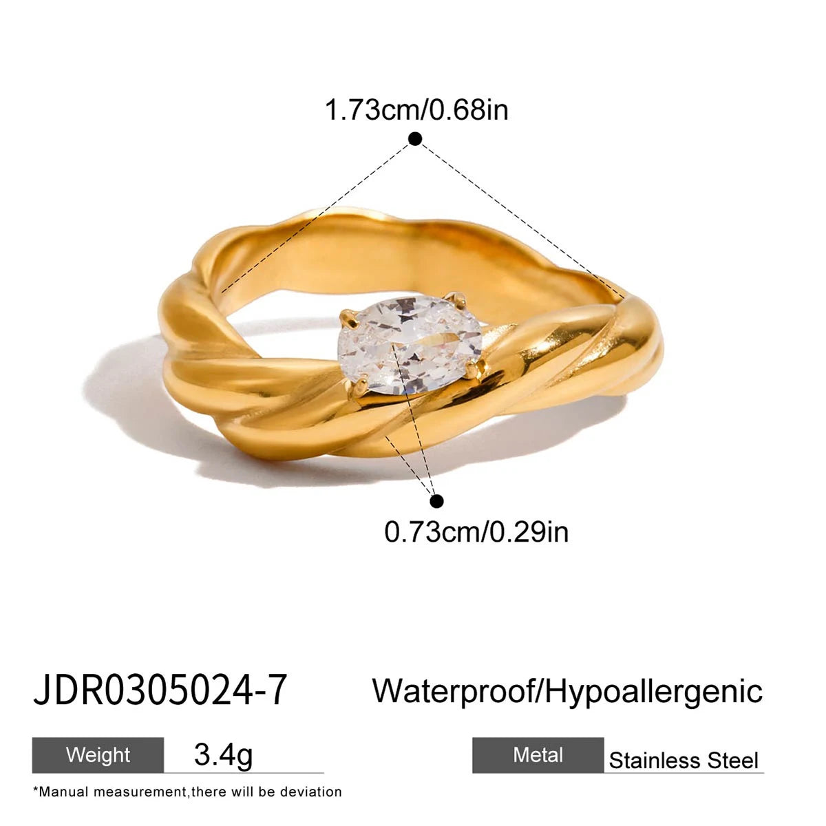 Uworld Minimal Classic 18K Gold Color Plated Stainless Steel White Zircon Droplet Fried Dough Twists Pattern Ring Stackable Oval