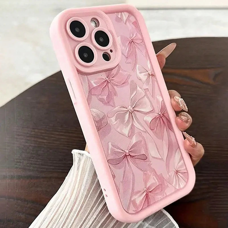 Pink Bow Pattern Silicone Phone Case For iPhone 16 17 18 Pro Max 15 14 13 12 11 Pro Max 16E X XS XR 7 Plus Butterfly Charm Cover