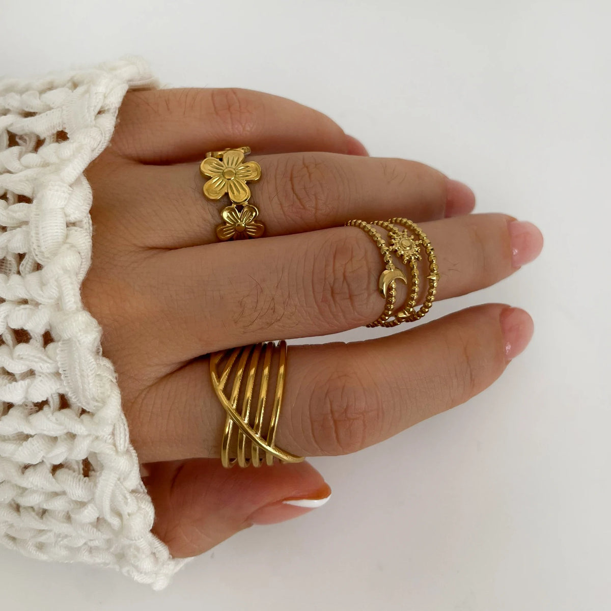 Peri'sbox 6pcs Simple Fashion Stainless Steel Gold Plated Anti-Tarnish Rings for Women Irregular Opening Adjustable Jewelry Gift