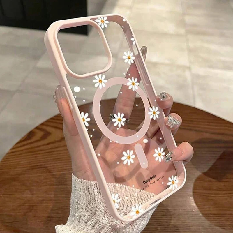For iPhone 18 17 16 15 14 13 12 Pro Max Plus 16E Air 11 NEW Small Daisy Pattern Magnetic For Wireless Charging Phone Case Cover