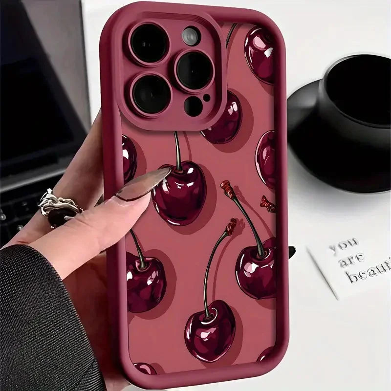 Luxury Wine Red Cherry Print Case for iPhone 18 Pro Max 17 16 15 14 13 12 11 7 8 Plus Air 16e X XR XS Shockproof Silicone Cover