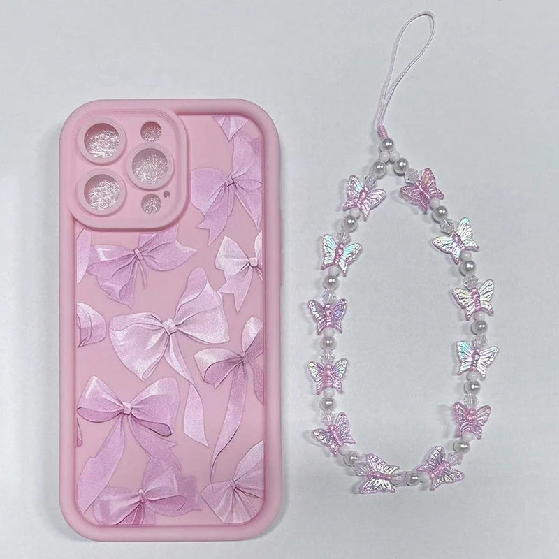Pink Bow Pattern Silicone Phone Case For iPhone 16 17 18 Pro Max 15 14 13 12 11 Pro Max 16E X XS XR 7 Plus Butterfly Charm Cover