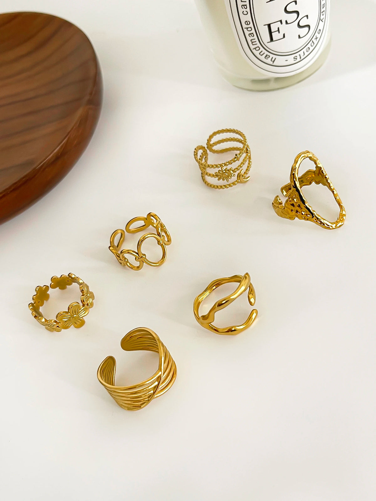 Peri'sbox 6pcs Simple Fashion Stainless Steel Gold Plated Anti-Tarnish Rings for Women Irregular Opening Adjustable Jewelry Gift