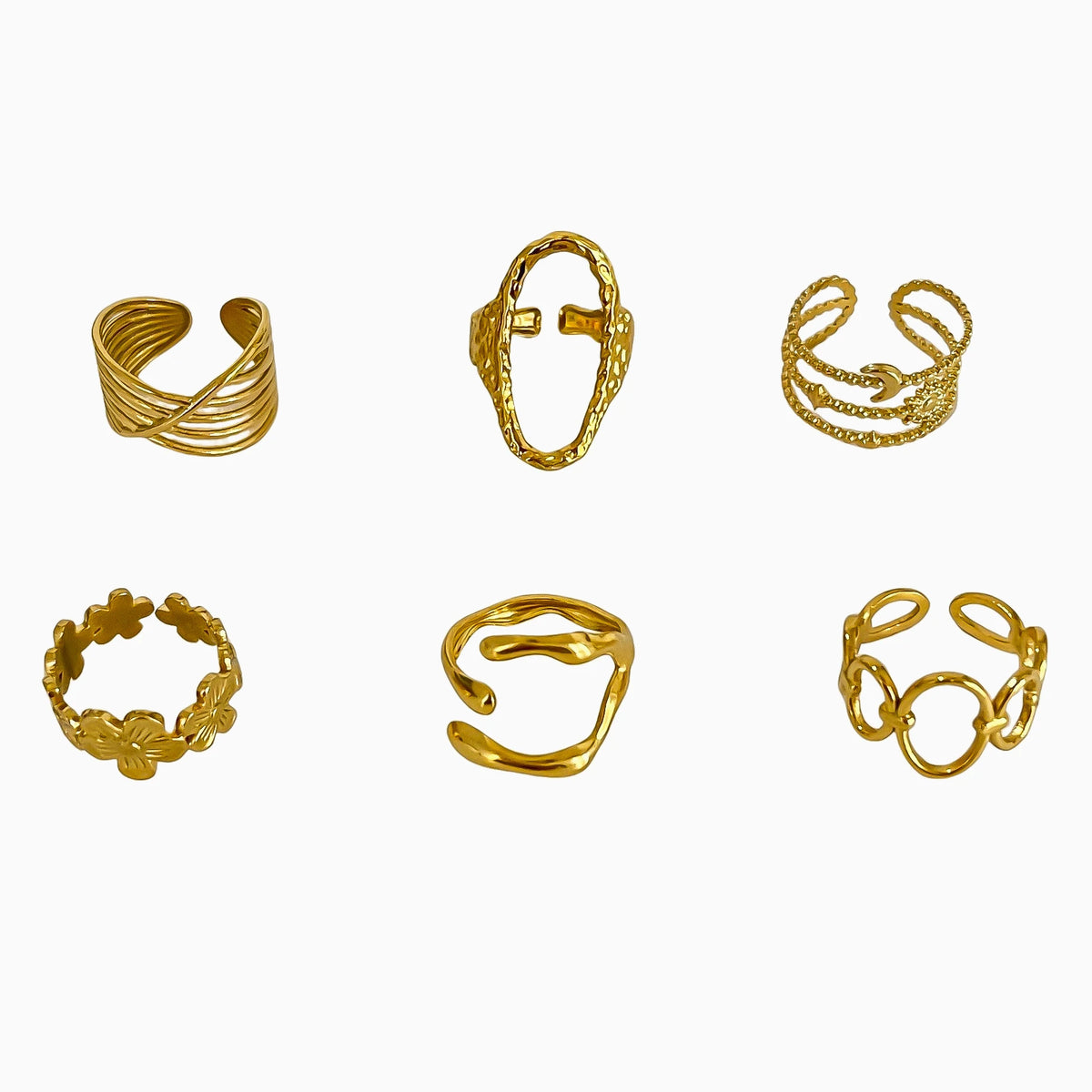 Peri'sbox 6pcs Simple Fashion Stainless Steel Gold Plated Anti-Tarnish Rings for Women Irregular Opening Adjustable Jewelry Gift