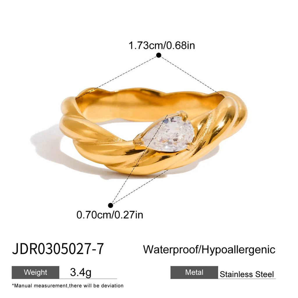 Uworld Minimal Classic 18K Gold Color Plated Stainless Steel White Zircon Droplet Fried Dough Twists Pattern Ring Stackable Oval