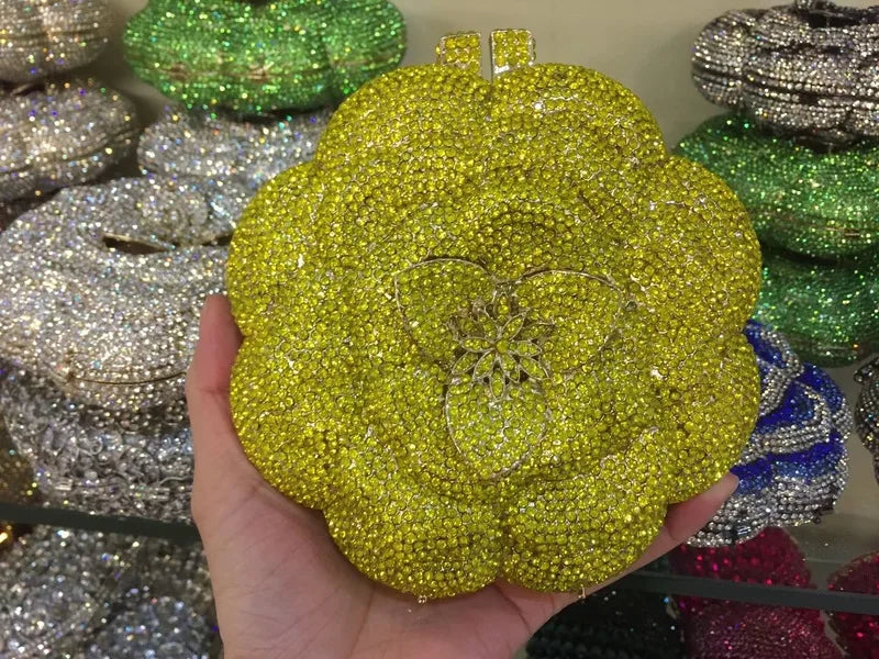 XIYUAN Rose Flower Pink Rhinestone Evening Clutches Women Floral Yellow Crystal Clutch Purse Luxury Bridal Wedding Party Handbag