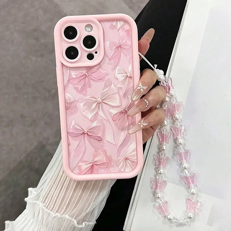 Pink Bow Pattern Silicone Phone Case For iPhone 16 17 18 Pro Max 15 14 13 12 11 Pro Max 16E X XS XR 7 Plus Butterfly Charm Cover