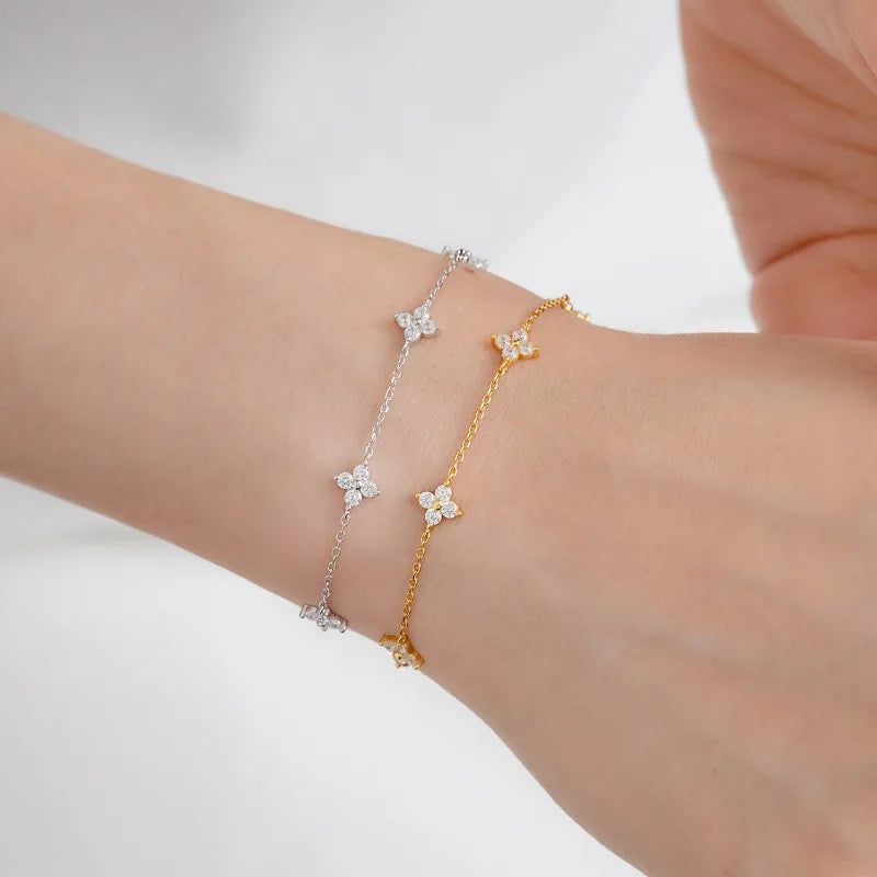 925 Silver Plated Cubic Zirconia Four Leaf Clover Bracelet for Women Adjustable Chain Jewelry 18k Gold Plated Fashion Accessory